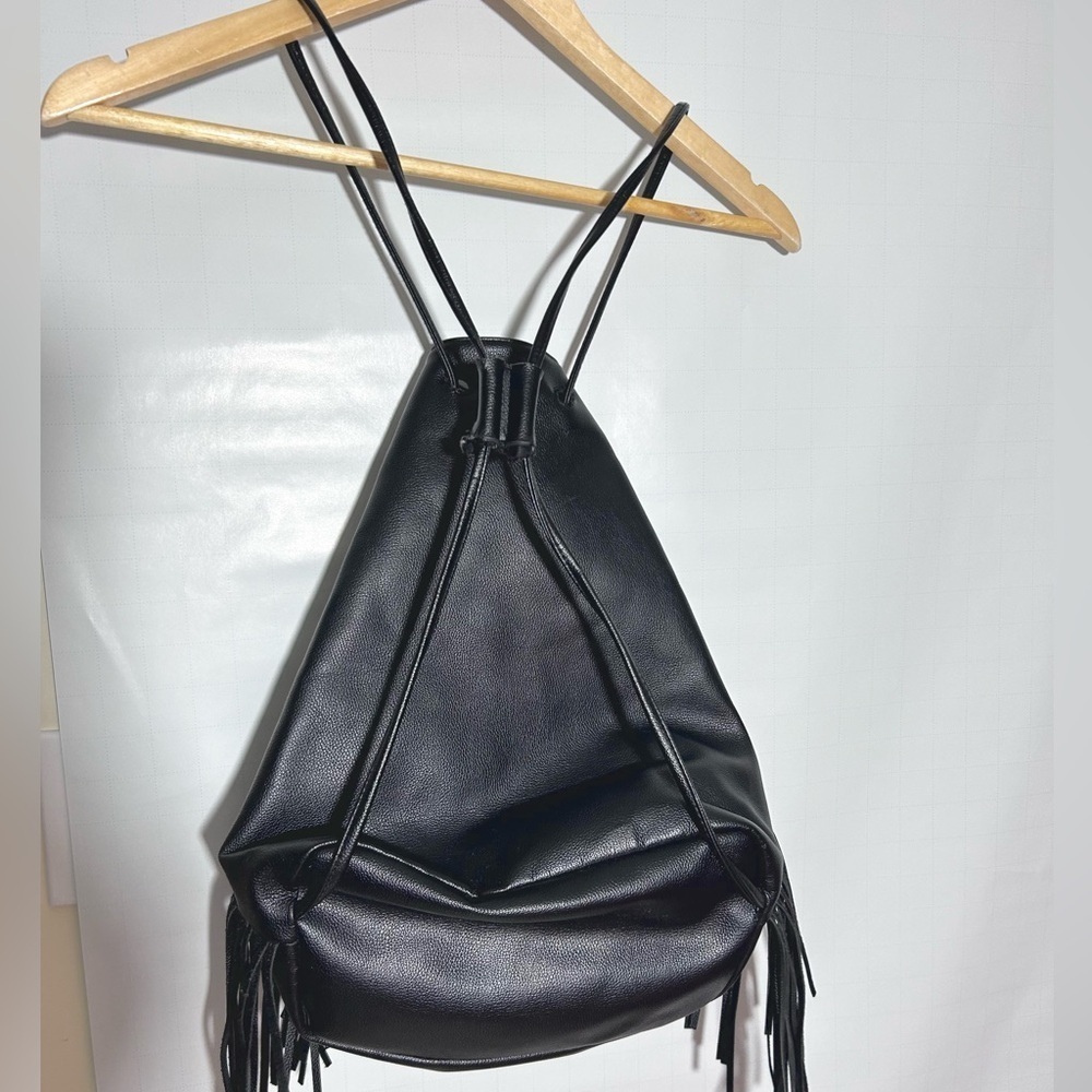 Victoria's Secret black faux leather tassel fringe drawstring purse backpack - Picture 2 of 7